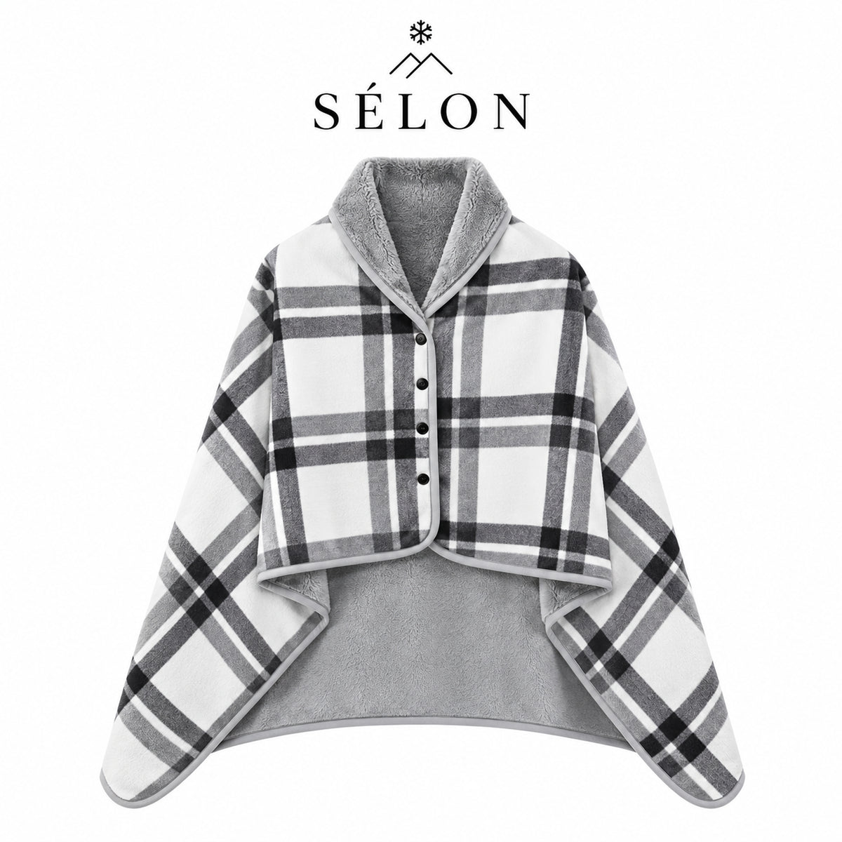 Cream and black check flannel shawl laid flat over a grey fleece lining