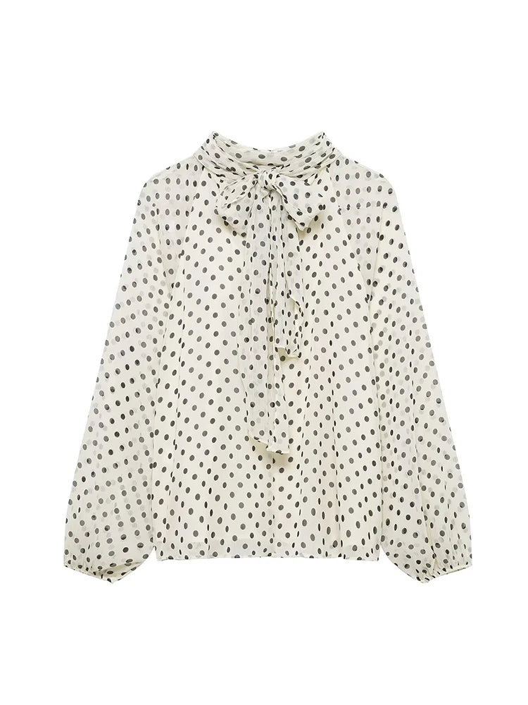Bow-Collar Polka Dot Blouse | Women's Loose Long-Sleeve Shirt