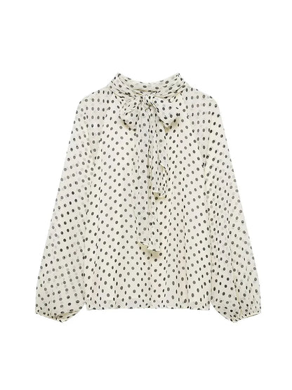 Bow-Collar Polka Dot Blouse | Women's Loose Long-Sleeve Shirt