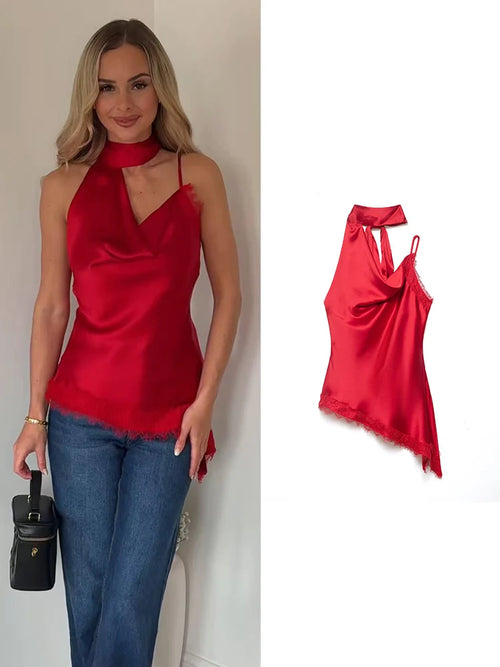 Lace Halter Satin Blouse | Women's Asymmetric Hem Sleeveless Top