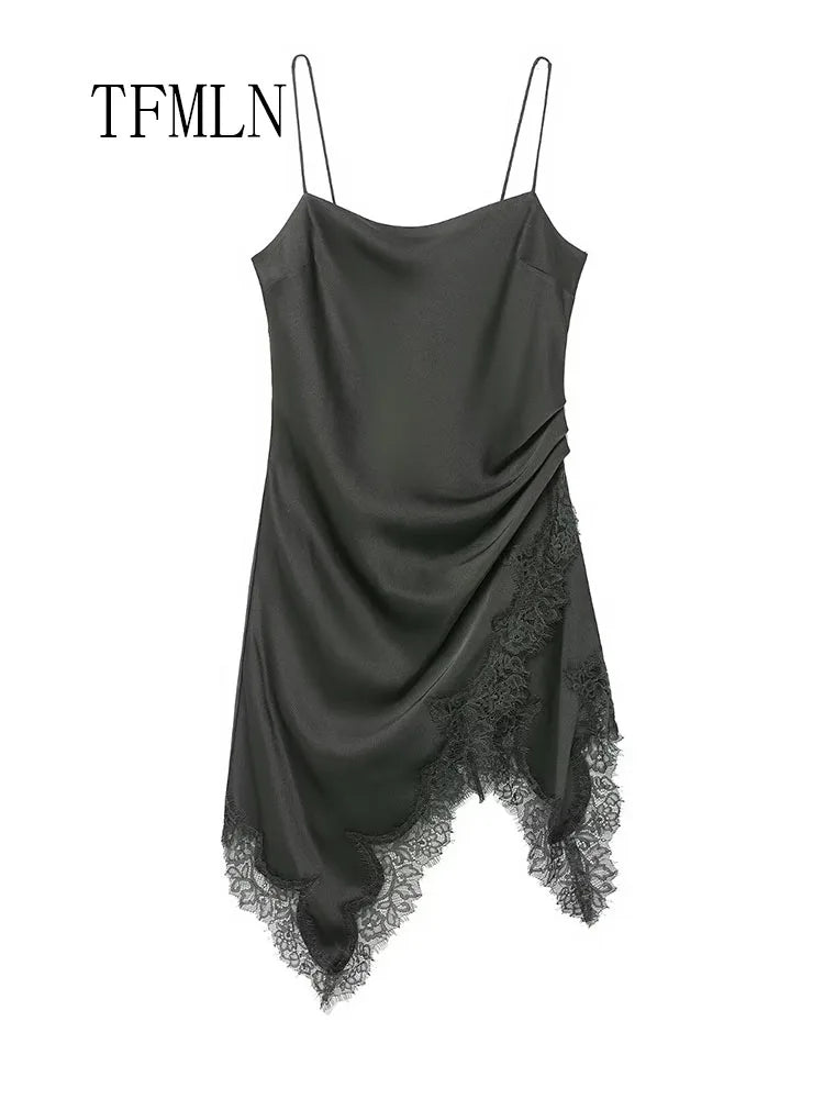 Lace-Trim Pleated Strap Dress | Women's Asymmetric Sleeveless Occasion Dress