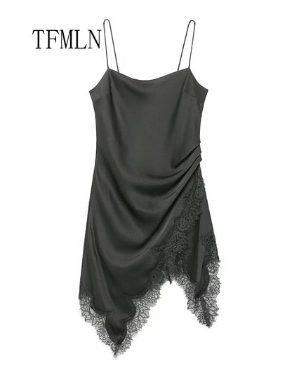Lace-Trim Pleated Strap Dress | Women's Asymmetric Sleeveless Occasion Dress