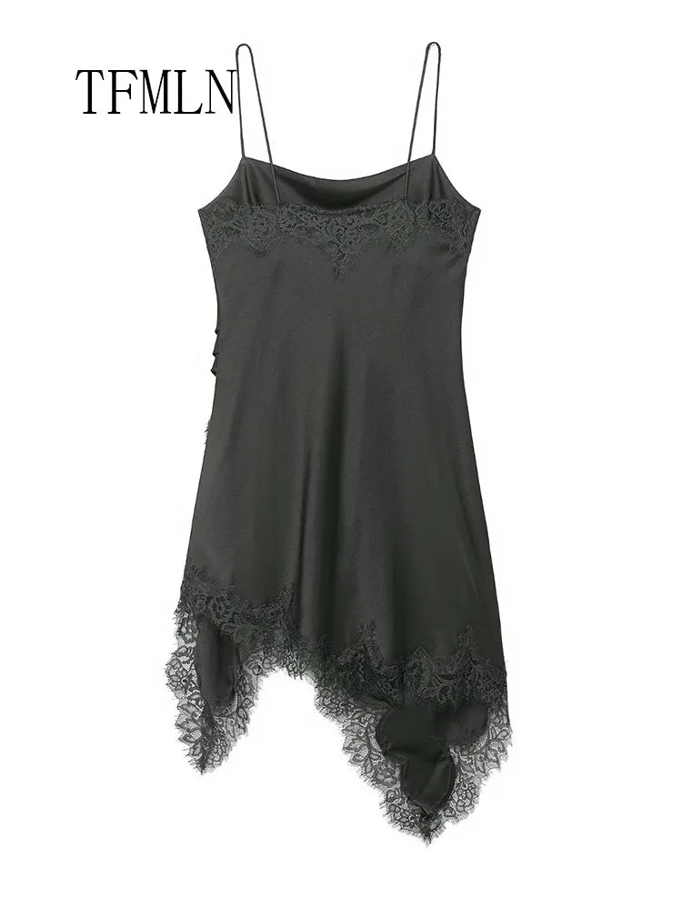 Lace-Trim Pleated Strap Dress | Women's Asymmetric Sleeveless Occasion Dress