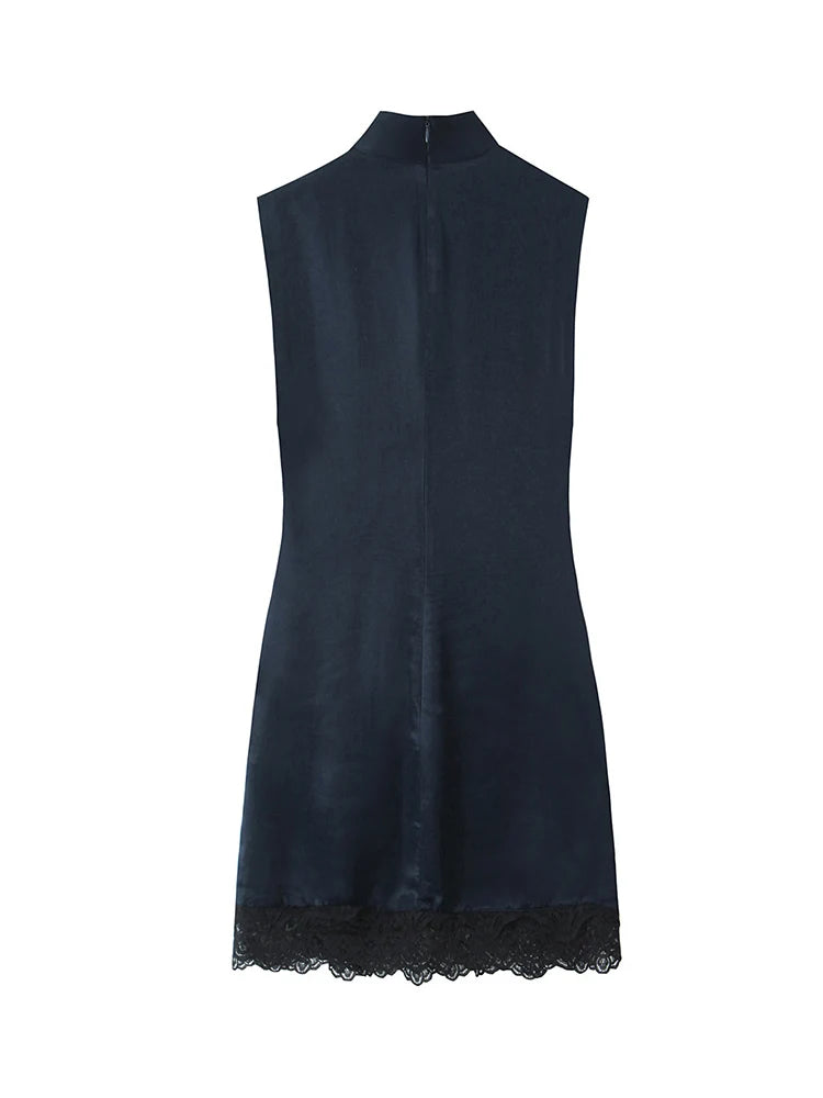 Lace-Splice Turtleneck Mini Dress | Women's Ruched Sleeveless Dress