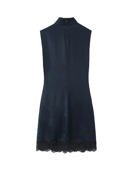 Lace-Splice Turtleneck Mini Dress | Women's Ruched Sleeveless Dress