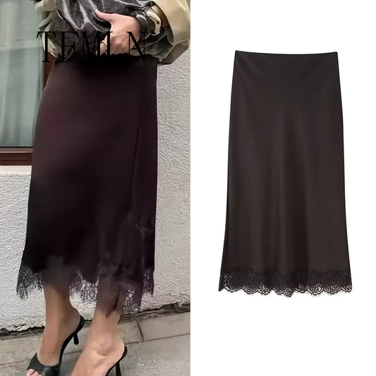 Satin & Lace Wrap Midi Skirt | Women's Elegant Half Skirt