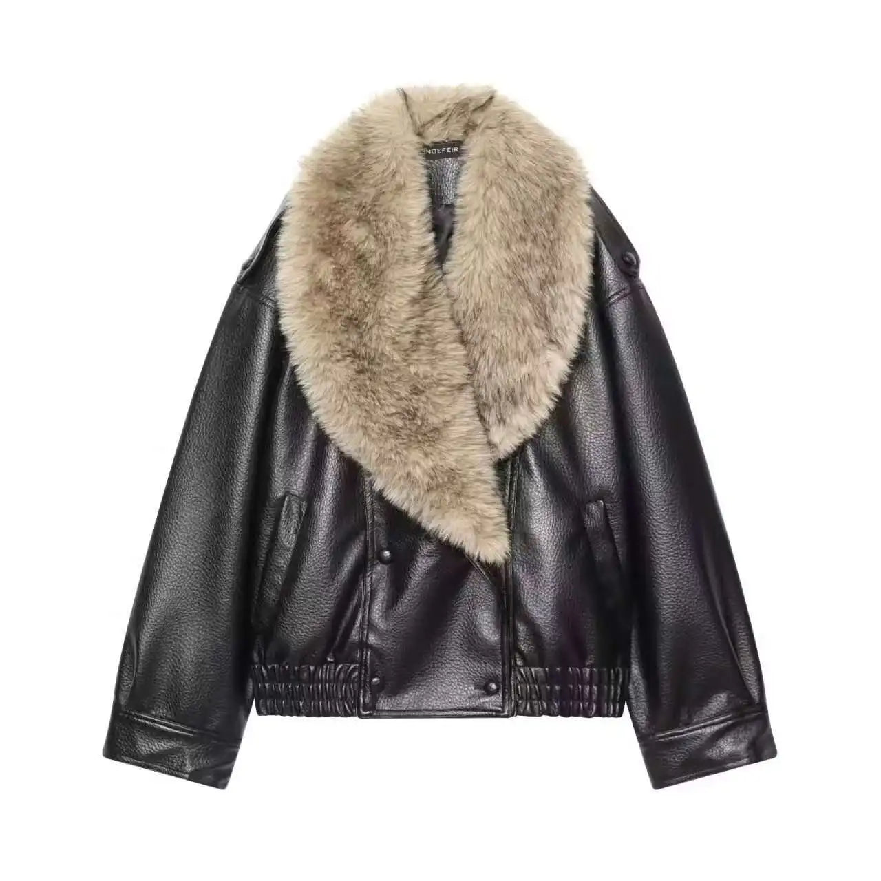 Faux Leather Double-Breasted Coat | Women's Detachable Fur-Collar Jacket