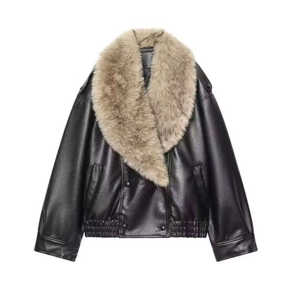 Faux Leather Double-Breasted Coat | Women's Detachable Fur-Collar Jacket