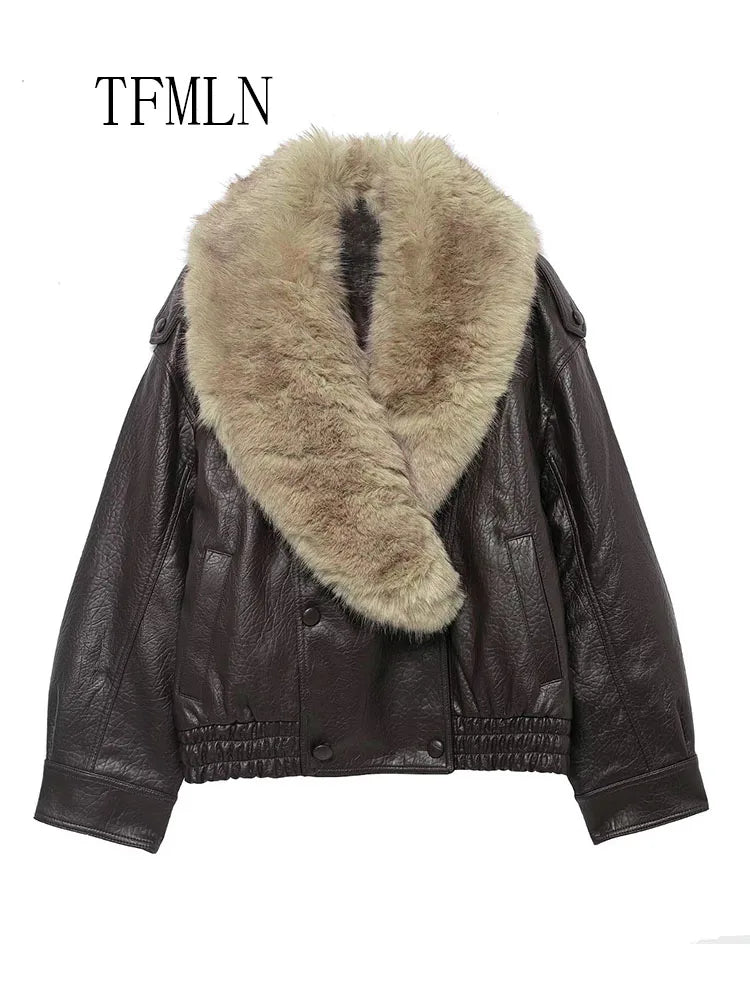 Faux Leather Double-Breasted Coat | Women's Detachable Fur-Collar Jacket