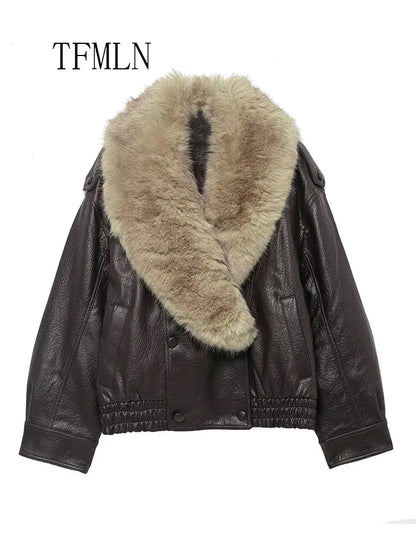 Faux Leather Double-Breasted Coat | Women's Detachable Fur-Collar Jacket