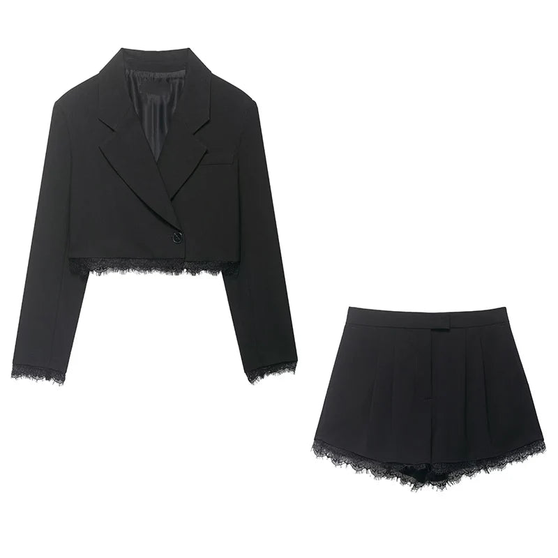 Lace-Trim Cropped Blazer & Shorts Set | Women's V-Neck Two-Piece Co-ord