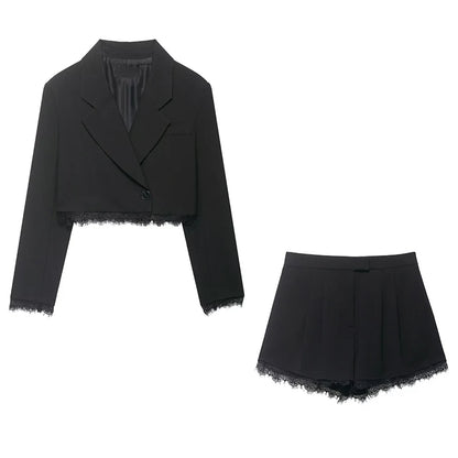 Lace-Trim Cropped Blazer & Shorts Set | Women's V-Neck Two-Piece Co-ord