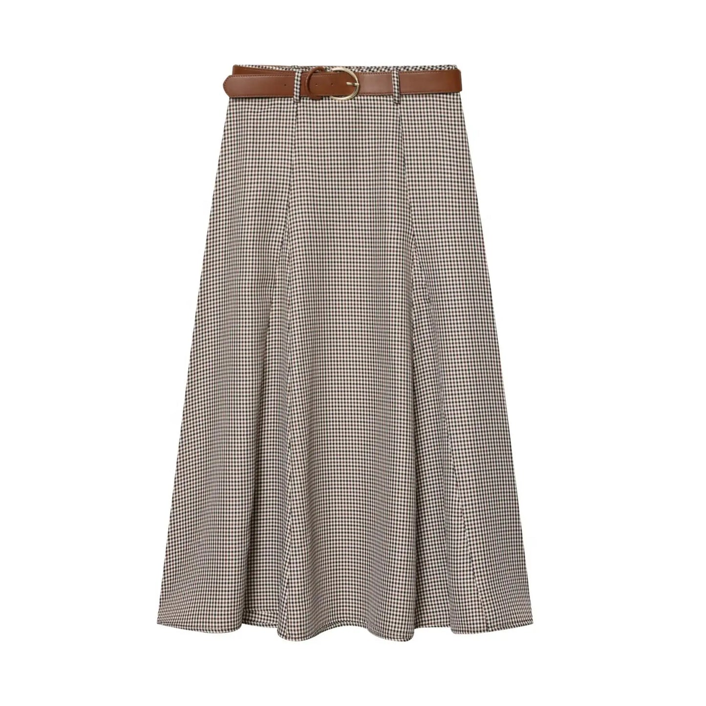 Houndstooth A-Line Midi Skirt | Women's Belted Side-Zip Plaid Skirt