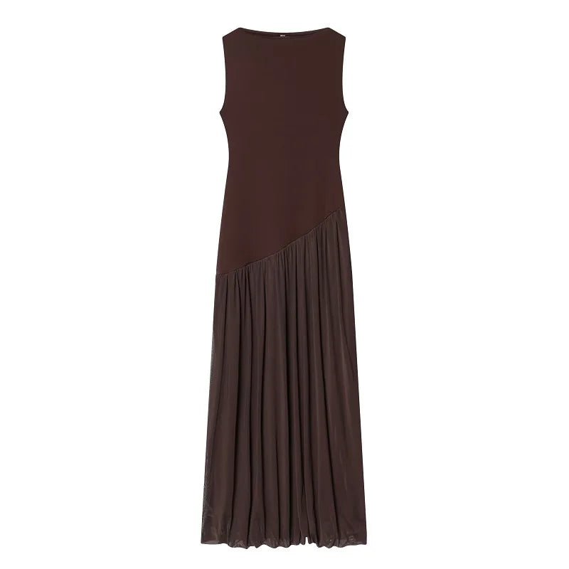 Pleated Tulle Maxi Dress | Women's Sleeveless Mesh Evening Dress
