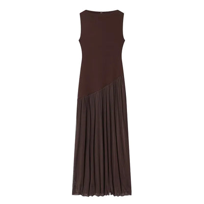 Pleated Tulle Maxi Dress | Women's Sleeveless Mesh Evening Dress