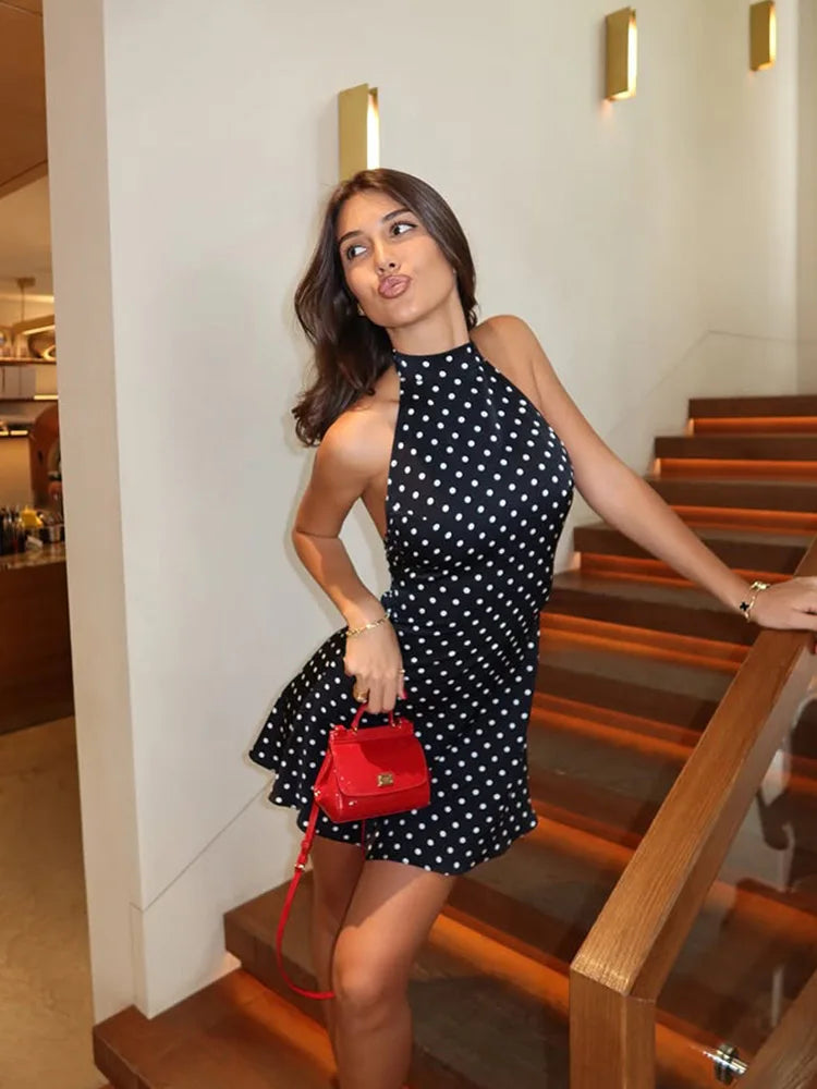 Halter Dot Print Mini Dress | Women's Backless Sheath Summer Dress