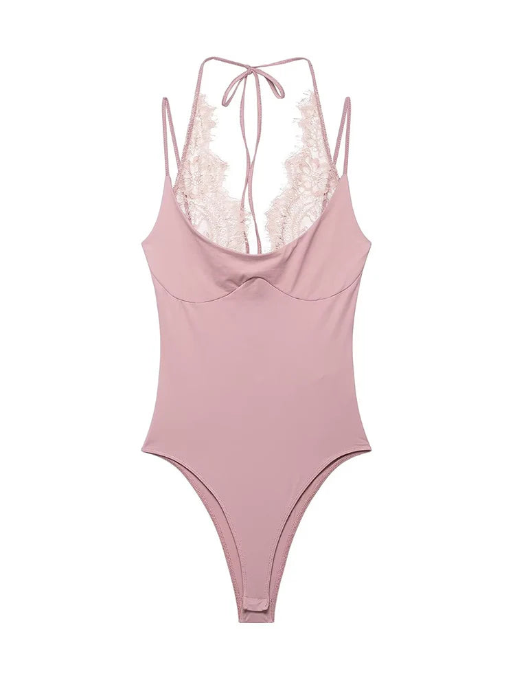 Lace-Panel Backless Sling Bodysuit | Women's Sleeveless Fitted Top