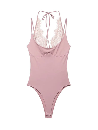 Lace-Panel Backless Sling Bodysuit | Women's Sleeveless Fitted Top