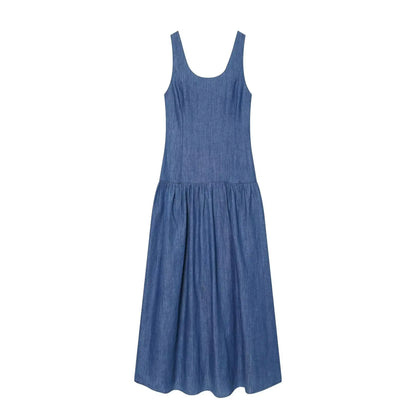 Denim Sleeveless Midi Dress | Women's Slim-Fit A-Line Slip Dress