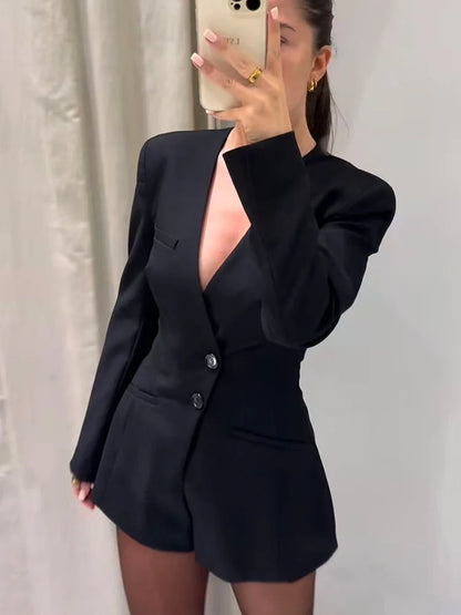 Blazer Romper Jumpsuit | Women's V-Neck Slim Long-Sleeve Shorts Set