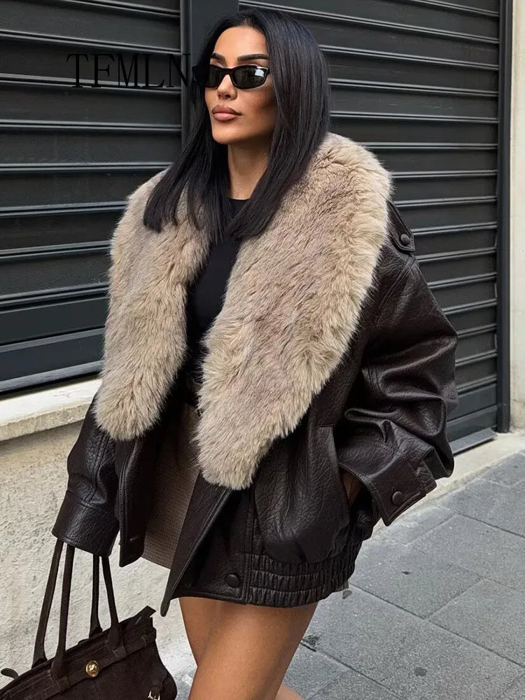 Faux Leather Double-Breasted Coat | Women's Detachable Fur-Collar Jacket