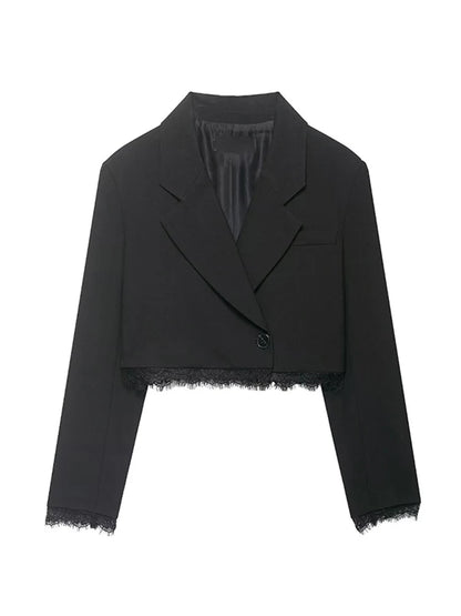 Lace-Trim Cropped Blazer & Shorts Set | Women's V-Neck Two-Piece Co-ord