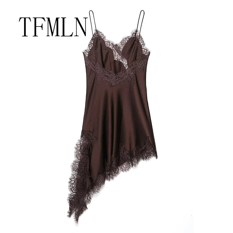 Lace-Splice Asymmetric Sleeveless Dress | Women's Slim Backless Occasion Dress