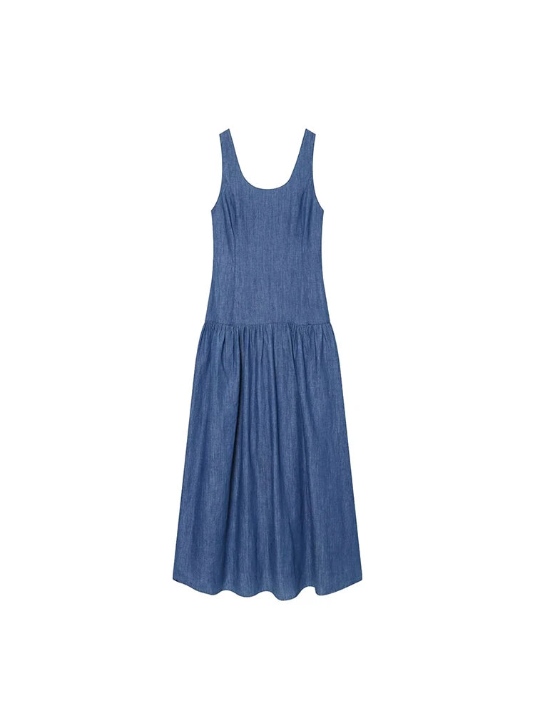 Denim Sleeveless Midi Dress | Women's Slim-Fit A-Line Slip Dress