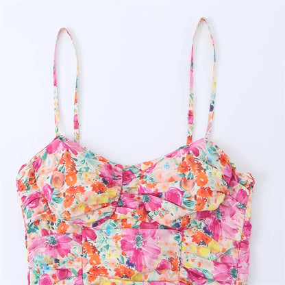 Floral Pleated Strap Mini Dress | Women's Backless Summer Dress