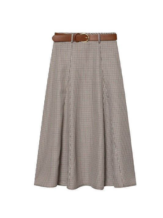 Houndstooth A-Line Midi Skirt | Women's Belted Side-Zip Plaid Skirt