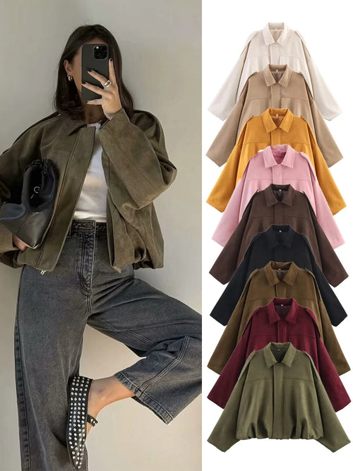 Suede Oversized Bomber Jacket | Women's Zip-Front Casual Outerwear