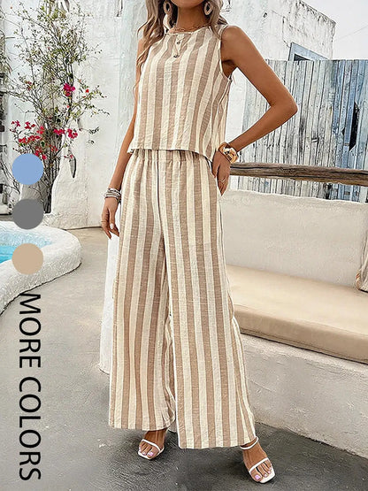 Striped Vest & Wide-Leg Trouser Set | Women's Two-Piece Loose Outfit