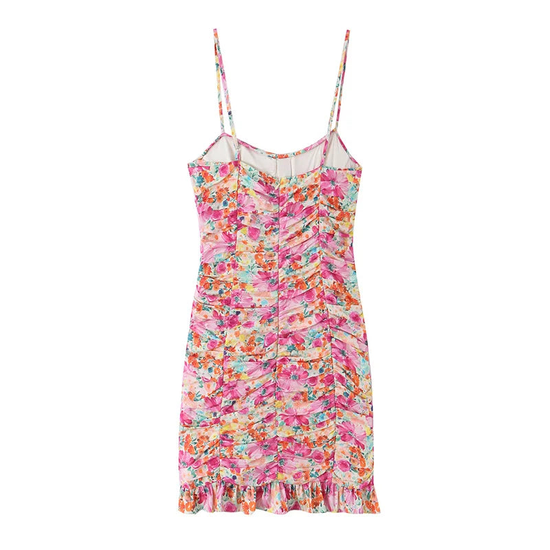 Floral Pleated Strap Mini Dress | Women's Backless Summer Dress