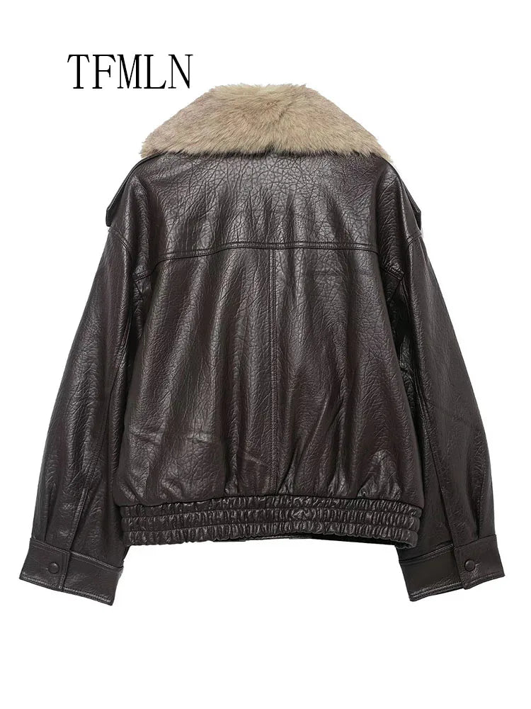 Faux Leather Double-Breasted Coat | Women's Detachable Fur-Collar Jacket