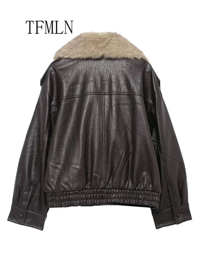 Faux Leather Double-Breasted Coat | Women's Detachable Fur-Collar Jacket