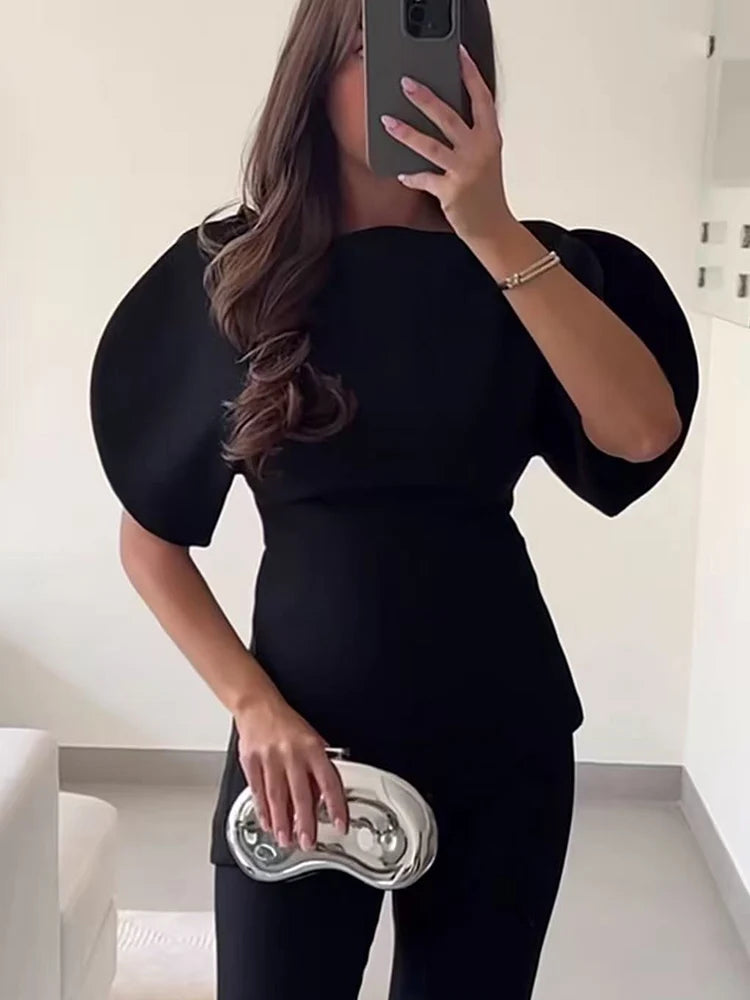 Puff-Sleeve Asymmetric Hem Blouse | Women's Short-Sleeve Summer Top