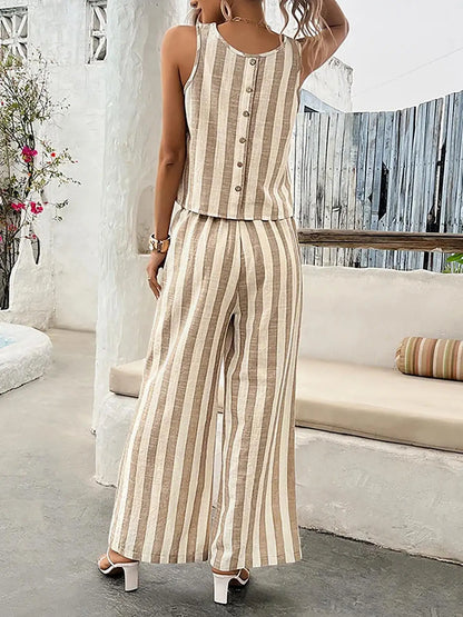 Striped Vest & Wide-Leg Trouser Set | Women's Two-Piece Loose Outfit