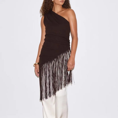 Tasseled One-Shoulder Top | Women's Asymmetric Backless Blouse