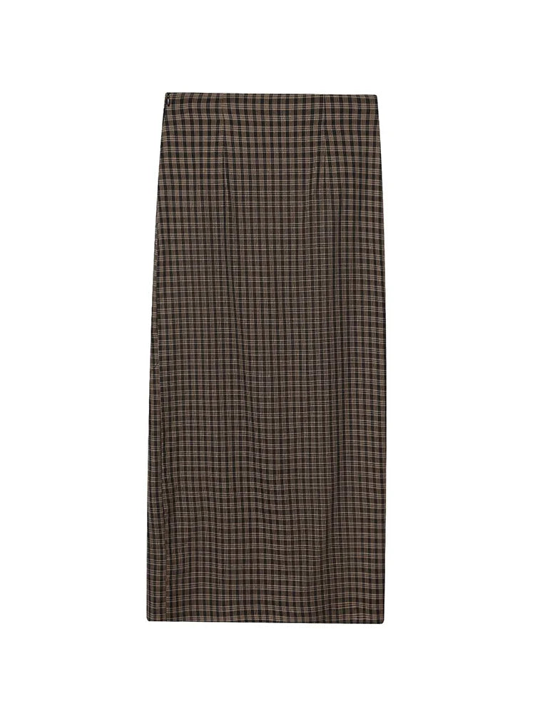 Plaid Straight-Cut Midi Skirt | Women's High-Waist Tailored Skirt