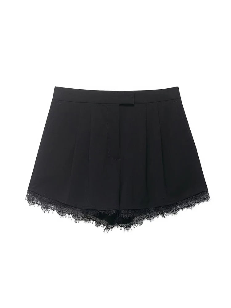 Lace-Trim Cropped Blazer & Shorts Set | Women's V-Neck Two-Piece Co-ord