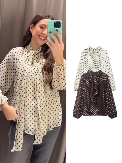 Bow-Collar Polka Dot Blouse | Women's Loose Long-Sleeve Shirt