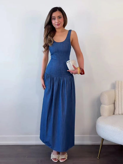 Denim Sleeveless Midi Dress | Women's Slim-Fit A-Line Slip Dress