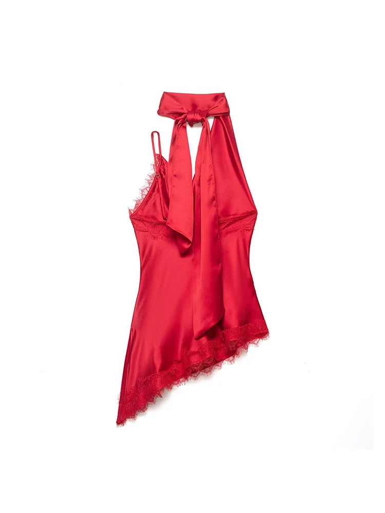Lace Halter Satin Blouse | Women's Asymmetric Hem Sleeveless Top