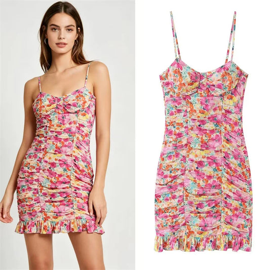 Floral Pleated Strap Mini Dress | Women's Backless Summer Dress