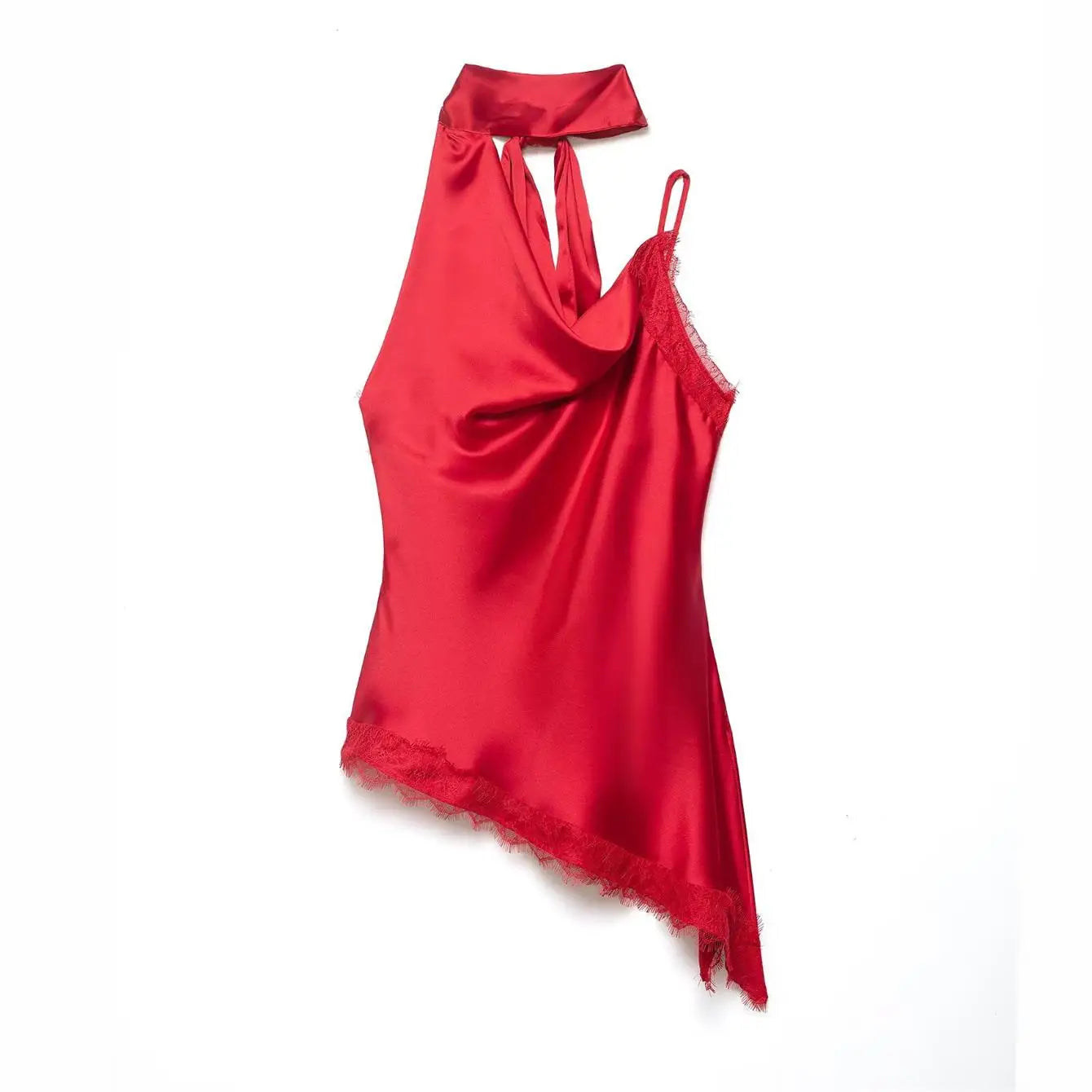 Lace Halter Satin Blouse | Women's Asymmetric Hem Sleeveless Top