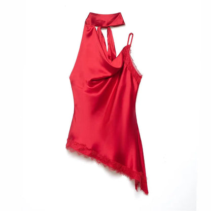 Lace Halter Satin Blouse | Women's Asymmetric Hem Sleeveless Top