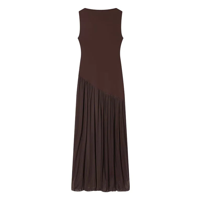 Pleated Tulle Maxi Dress | Women's Sleeveless Mesh Evening Dress