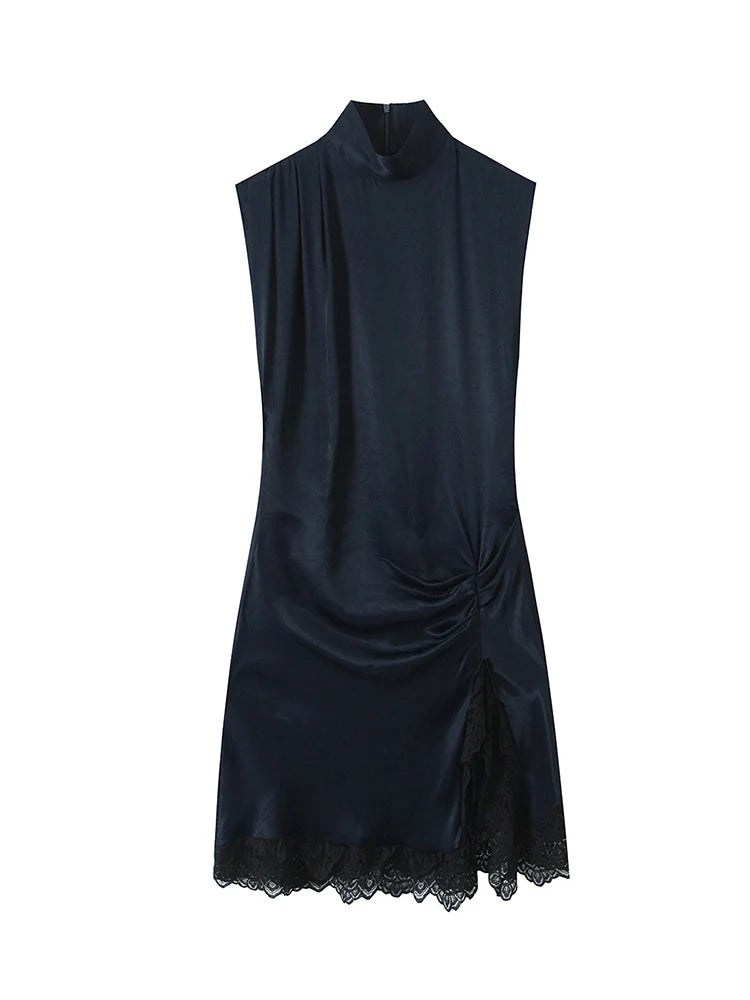 Lace-Splice Turtleneck Mini Dress | Women's Ruched Sleeveless Dress