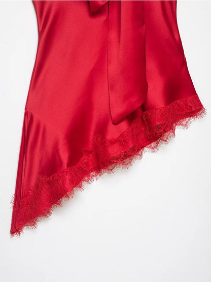 Lace Halter Satin Blouse | Women's Asymmetric Hem Sleeveless Top