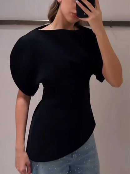 Puff-Sleeve Asymmetric Hem Blouse | Women's Short-Sleeve Summer Top